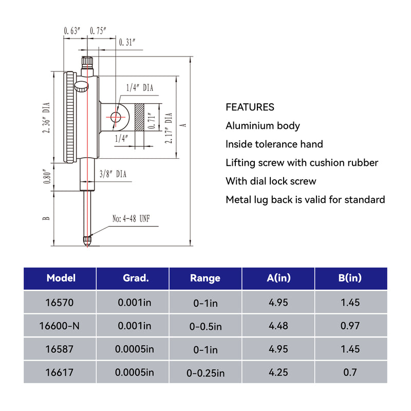 0-1" x 0.0005" Dial Indicator Lathe Tool High Precision 1/4" Hole