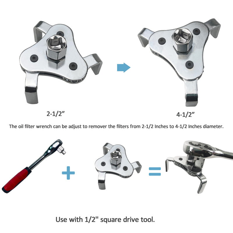 Universal Adjustable Oil Filter Wrench From 2-1/2 inch to 4.5 inch Oil Filter Wrench Tool Set With 3 Jaw