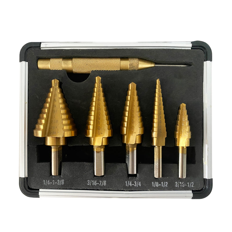 Titanium Step Drill Bit Set & Automatic Center Punch, High-Speed Steel, 6 PCS Hex Shank Pagoda, Totally 50 Sizes, Double Cutting Blades, Aluminum Case Included