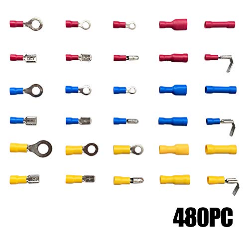 480Pcs Assorted Crimp Terminals, Wire Connectors, Mixed Assorted Lug Kit, Spade Ring Set for Automotive, Electrical Wirings, LED Lighting, Home DIYer