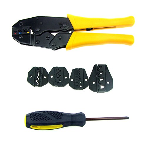 HFS(R) Self-Adjustable Crimping Pliers Set with 5 Interchangeable Jaws & Screwdriver, Durable Hard Steel & PVC, for Non-Insulated Terminals, Connectors, Ferrules (0.5-35mm²)