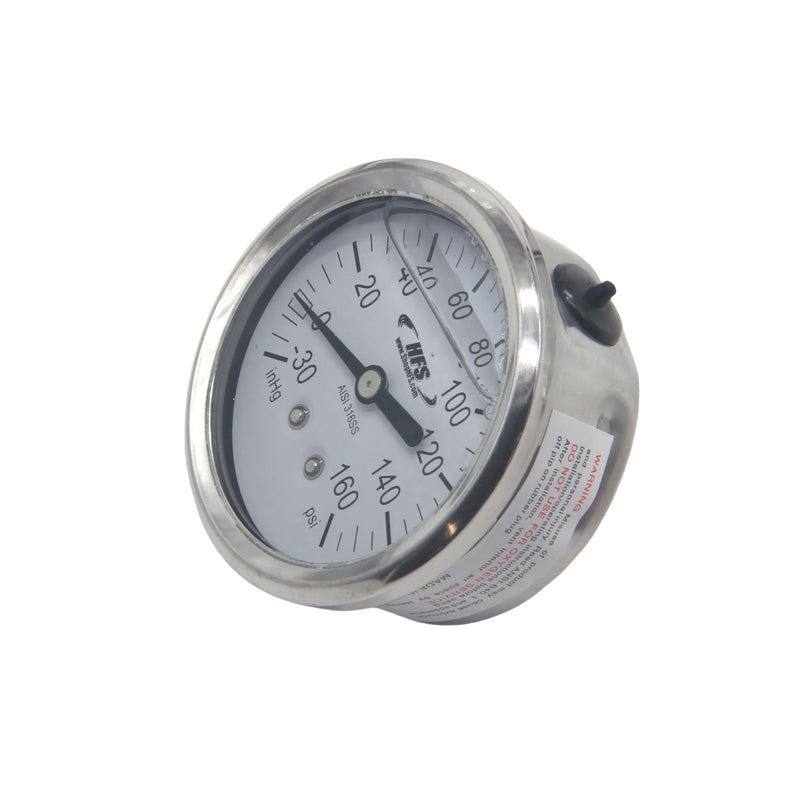 HFS -30 HG-160 PSI, 2.5" Diameter Vacuum Air Pressure Gauge (316 Stainless Steel) Back mount Oil filled
