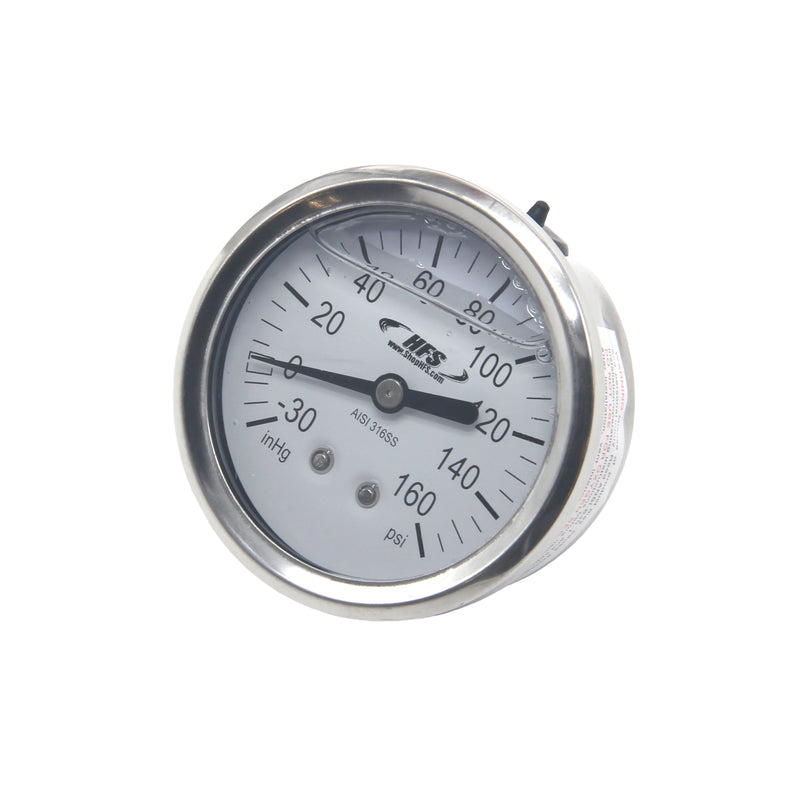 HFS -30 HG-160 PSI, 2.5" Diameter Vacuum Air Pressure Gauge (316 Stainless Steel) Back mount Oil filled