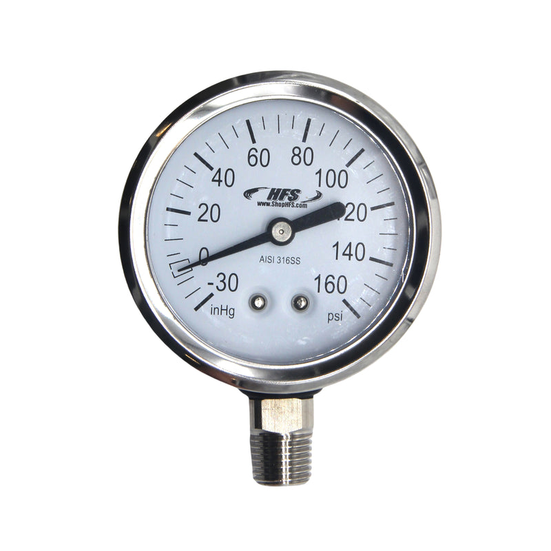 HFS -30 HG-160 PSI, 2.5" Diameter Vacuum Air Pressure Gauge (316 Stainless Steel) Bottom Mount