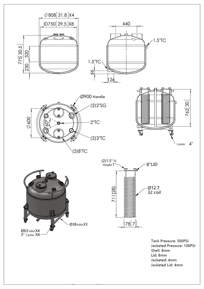 300 L, (350 lbs. Refrigerant), Jacketed Vertical Storage Tank With Condenser