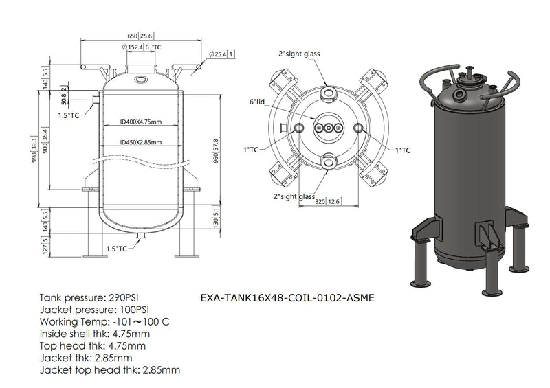 160 L, (175 lbs. Refrigerant), ASME Certified Jacketed Storage Vessel With Condenser