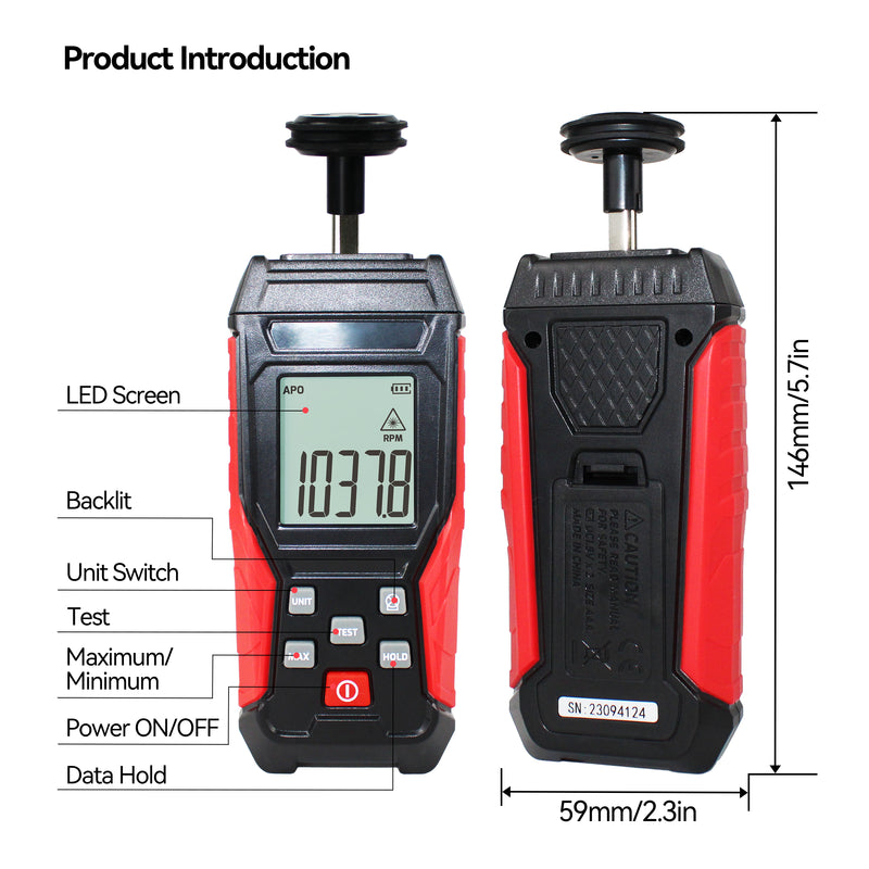 Tachometer Contact & Non-Contact Digital Tachometer, Non-Contact 3~100000RPM & Contact 3~19999RPM, High Accuracy RPM Tachometer