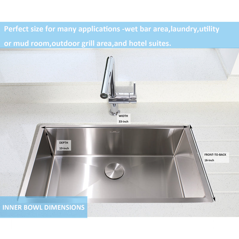 33X19X10IN Undermount 16 Gauge Tight Radius Stainless Steel Kitchen Sink