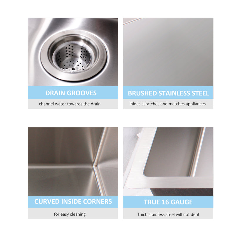 33X19X10IN Undermount 16 Gauge Tight Radius Stainless Steel Kitchen Sink