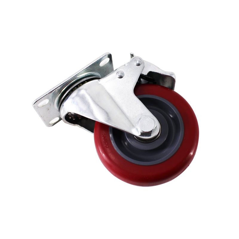 4" Caster Wheels, Swivel Plate Stem Brake, Red Polyurethane, Set of 4