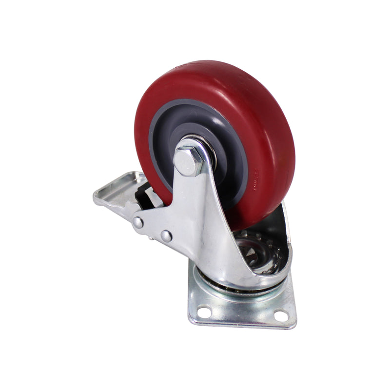 4" Caster Wheels, Swivel Plate Stem Brake, Red Polyurethane, Set of 4