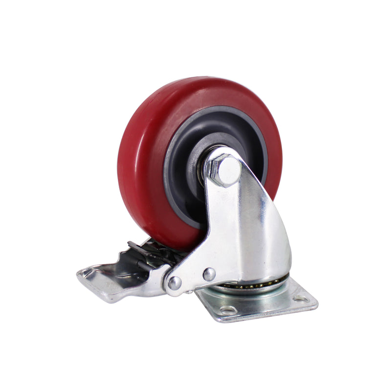 4" Caster Wheels, Swivel Plate Stem Brake, Red Polyurethane, Set of 4