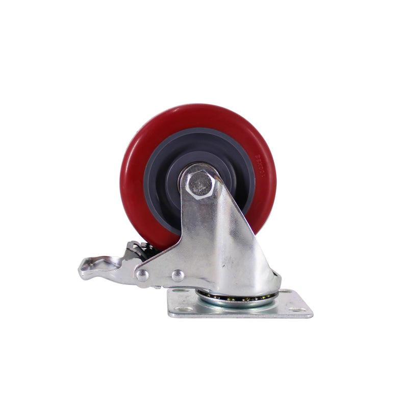 4" Caster Wheels, Swivel Plate Stem Brake, Red Polyurethane, Set of 4