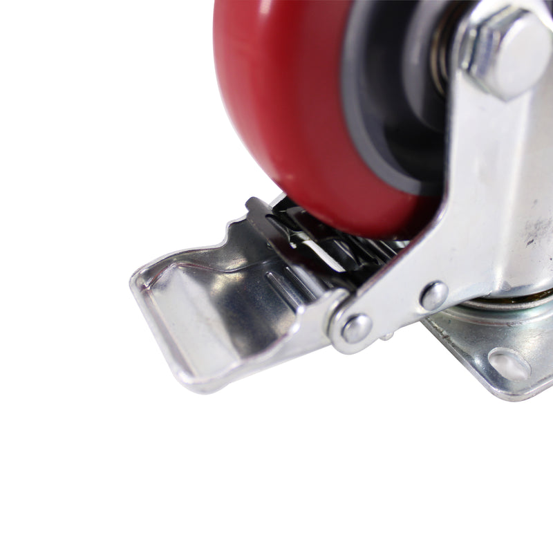4" Caster Wheels, Swivel Plate Stem Brake, Red Polyurethane, Set of 4