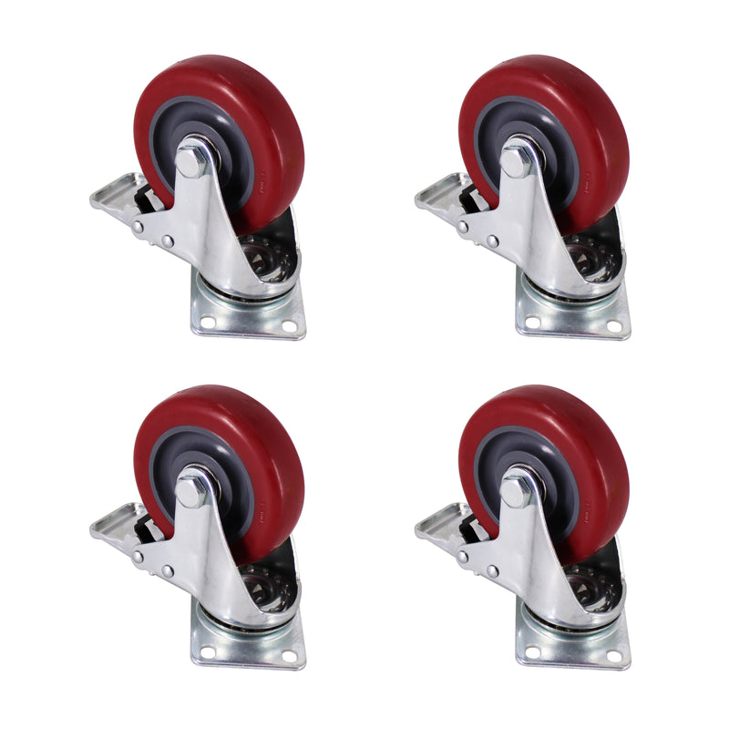 4" Caster Wheels, Swivel Plate Stem Brake, Red Polyurethane, Set of 4