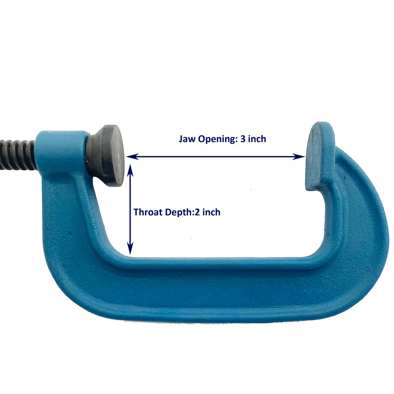 4PC/PAK C Clamps Set, 3 C Clamps, Up To 3 Jaw Opening, 2"Throat Depth