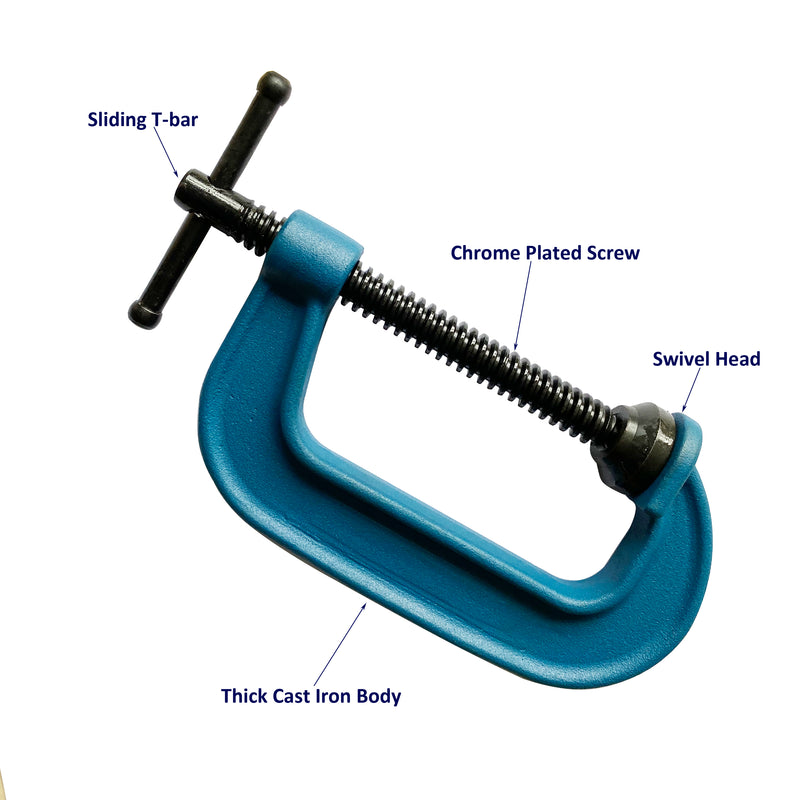4PC/PAK C Clamps Set, 3 C Clamps, Up To 3 Jaw Opening, 2"Throat Depth