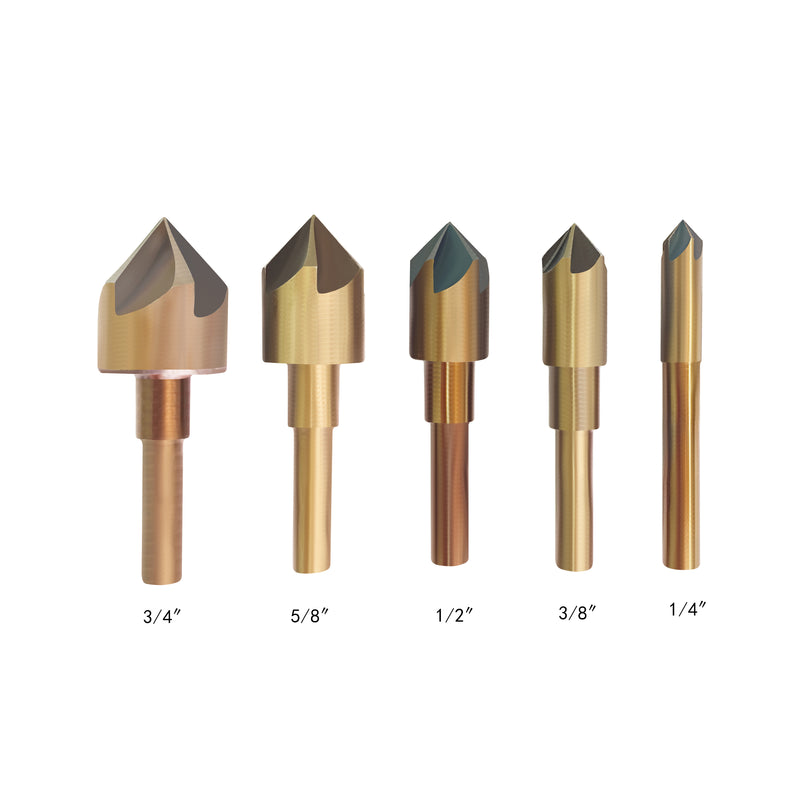 Countersink Drill Bit Set, M2 High Speed Steel, 1/4IN Tri-Flat Shank | 1/4IN-3/4IN, 5 Piece Set with Carrying Case