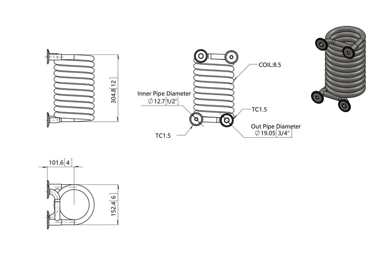 Jacketed Condensing Coil / Wort Chiller, (4) 1.5" Tri Clamp Ports, 1/2" Inner Tube OD, 3/4" Outer Tube OD, 6" Diameter, 12" Height, 304 Stainless Steel