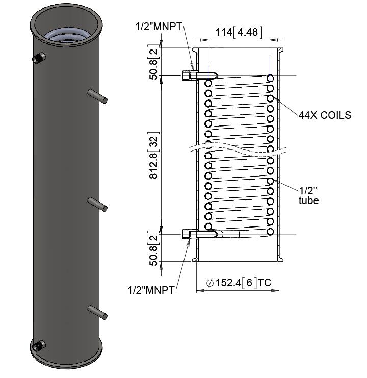 6" Tri Clamp Spool 36" Length with Cooling Coil, (2)1/2" MNPT, (3)1/2" Bolts