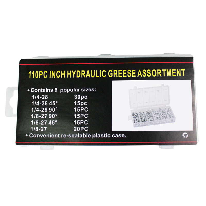Hydraulic Grease Fitting SAE Standard 110-Piece Kit – Straight, 90-Degree, 45-Degree Angled Zerk Assortment Set