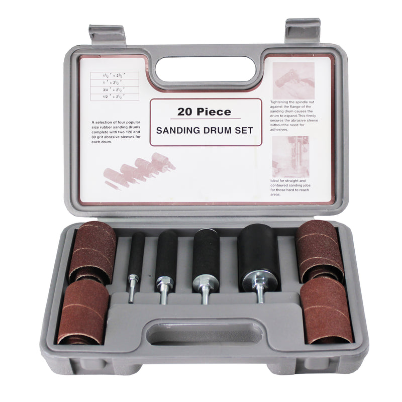 20-Piece Drill Press Sanding Drum Kit with 1/4 and 1/8 inch Shanks, Spindle Sander Sleeves, Tool Carrying Case