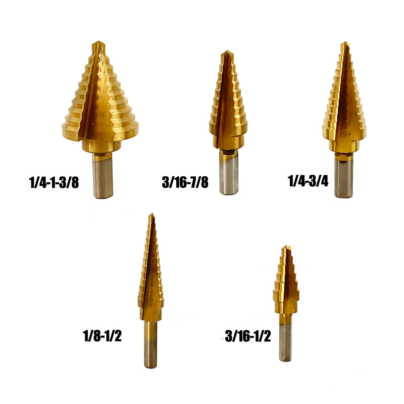 Titanium Step Drill Bit Set & Automatic Center Punch, High-Speed Steel, 6 PCS Hex Shank Pagoda, Totally 50 Sizes, Double Cutting Blades, Aluminum Case Included