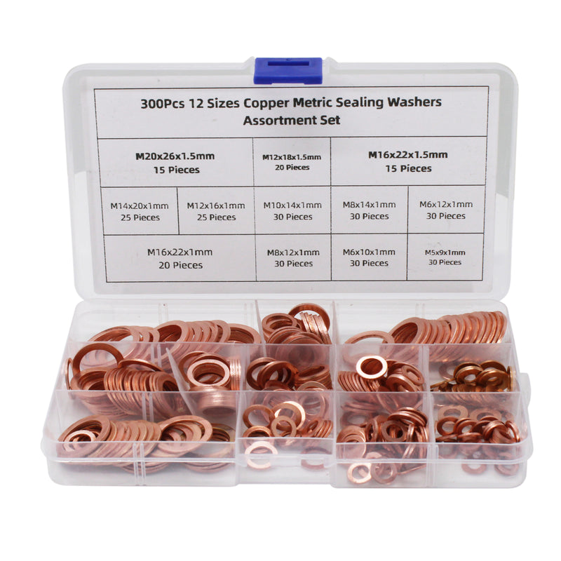 300Pcs 12 Sizes Copper Metric Sealing Washers Assortment Set