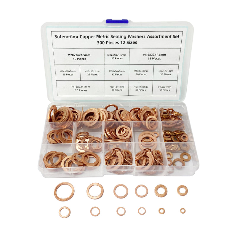 300Pcs 12 Sizes Copper Metric Sealing Washers Assortment Set