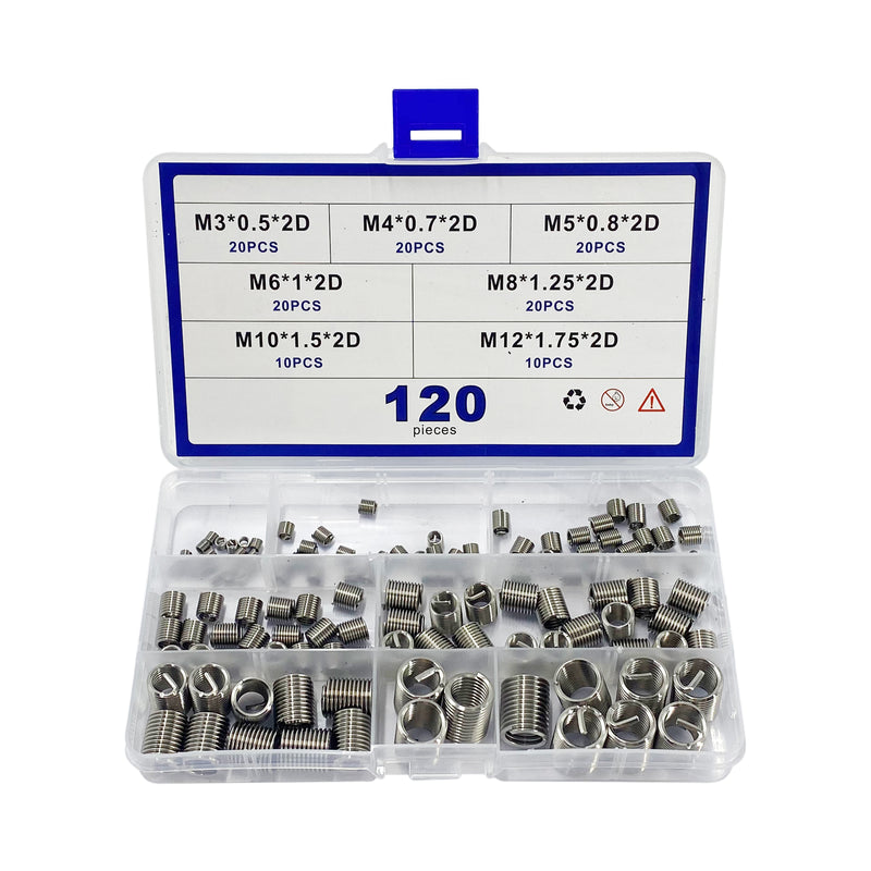120pcs M3 M4 M 5 M6 M8 M10 M12 Wire Thread Inserts Steel Sheath Helicoil Type Screw Repair Sleeve Assortment Kit with Plastic Box