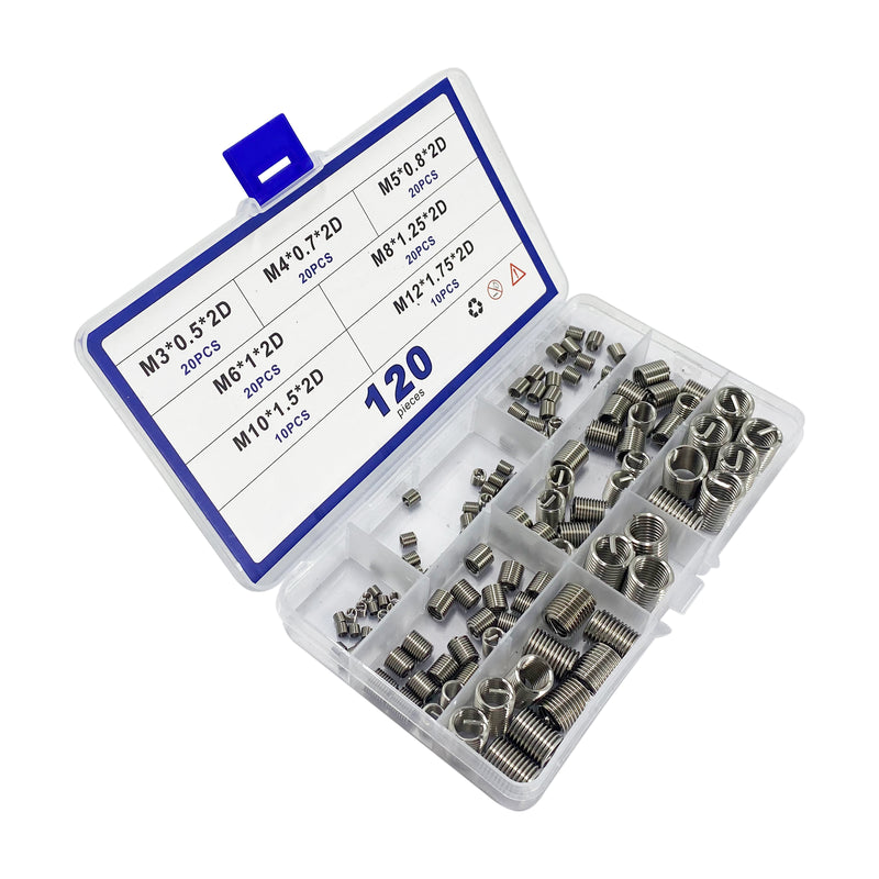 120pcs M3 M4 M 5 M6 M8 M10 M12 Wire Thread Inserts Steel Sheath Helicoil Type Screw Repair Sleeve Assortment Kit with Plastic Box