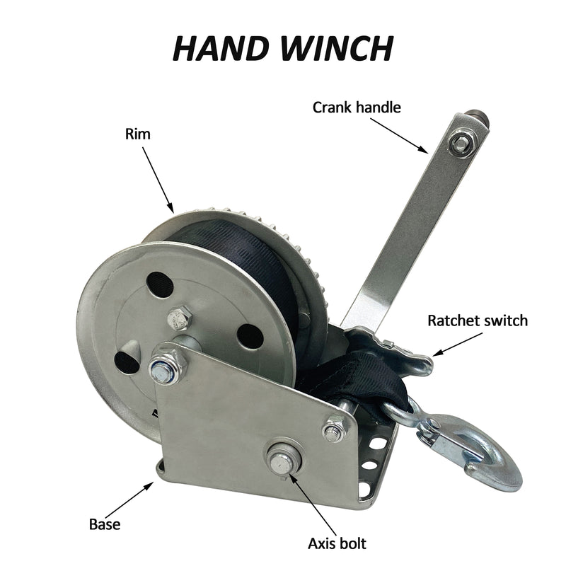 1200lbs Capacity Heavy Duty Hand Winch Nylon Strap Manual Portable Crank Winch