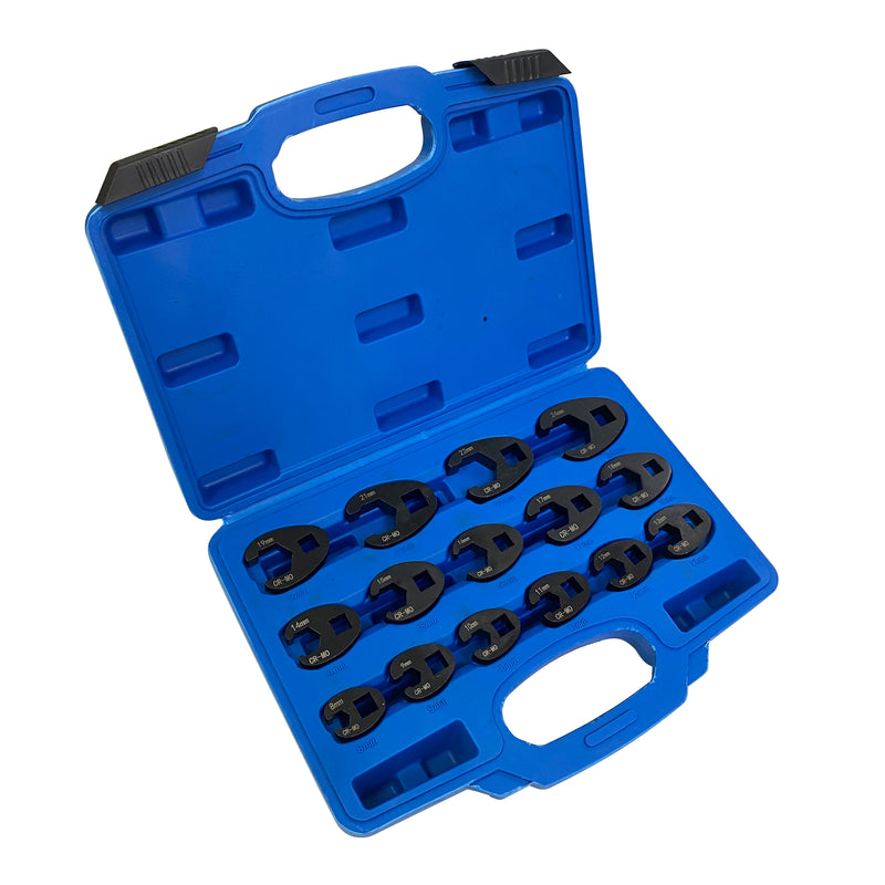 3/8" & 1/2" Drive Crowfoot Flare Nut Wrench Set, 8mm to 24mm 15-Piece Set Cr-Mo Steel