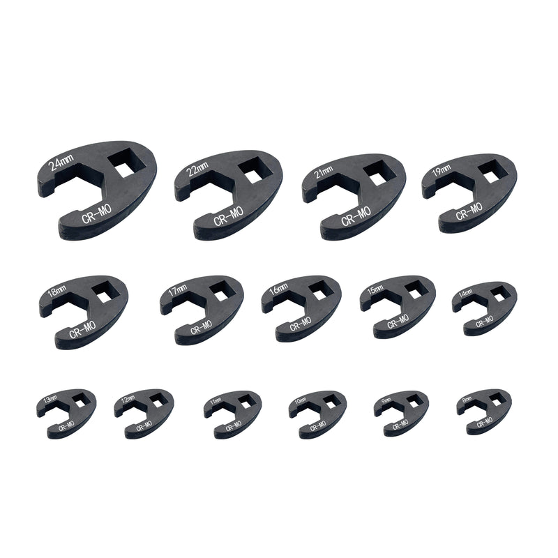 3/8" & 1/2" Drive Crowfoot Flare Nut Wrench Set, 8mm to 24mm 15-Piece Set Cr-Mo Steel