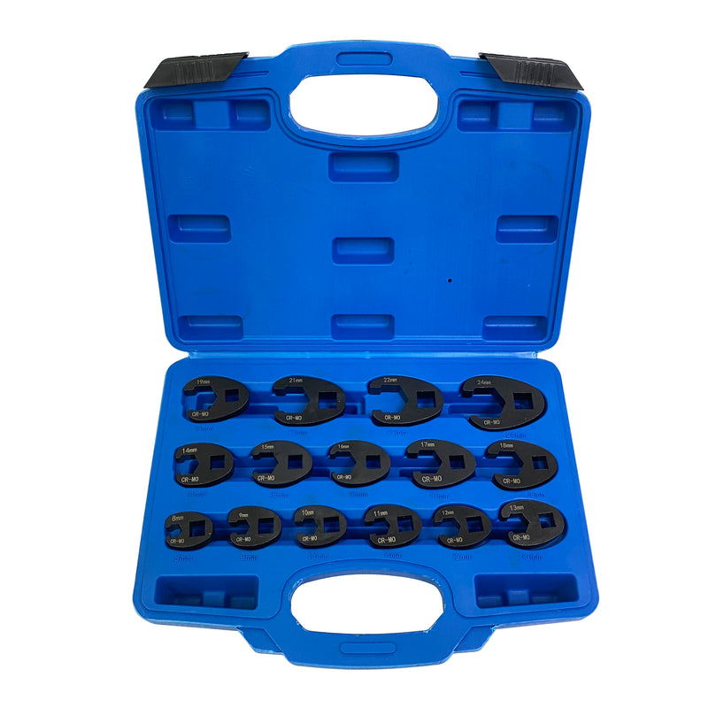 3/8" & 1/2" Drive Crowfoot Flare Nut Wrench Set, 8mm to 24mm 15-Piece Set Cr-Mo Steel